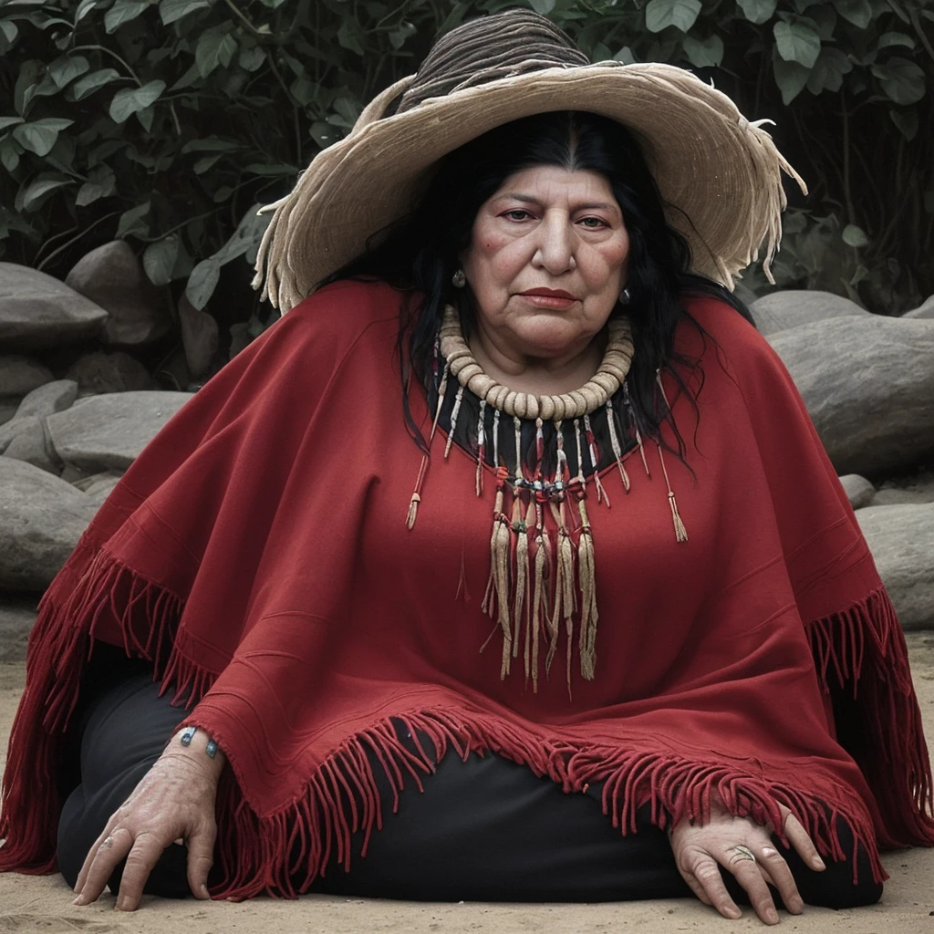 Mercedes Sosa, the great interpreter of Argentine folk music and Latin American songs, her straight black hair, facing the ground, with her red poncho with black guards, symbolic of the aboriginal currents of the continent.