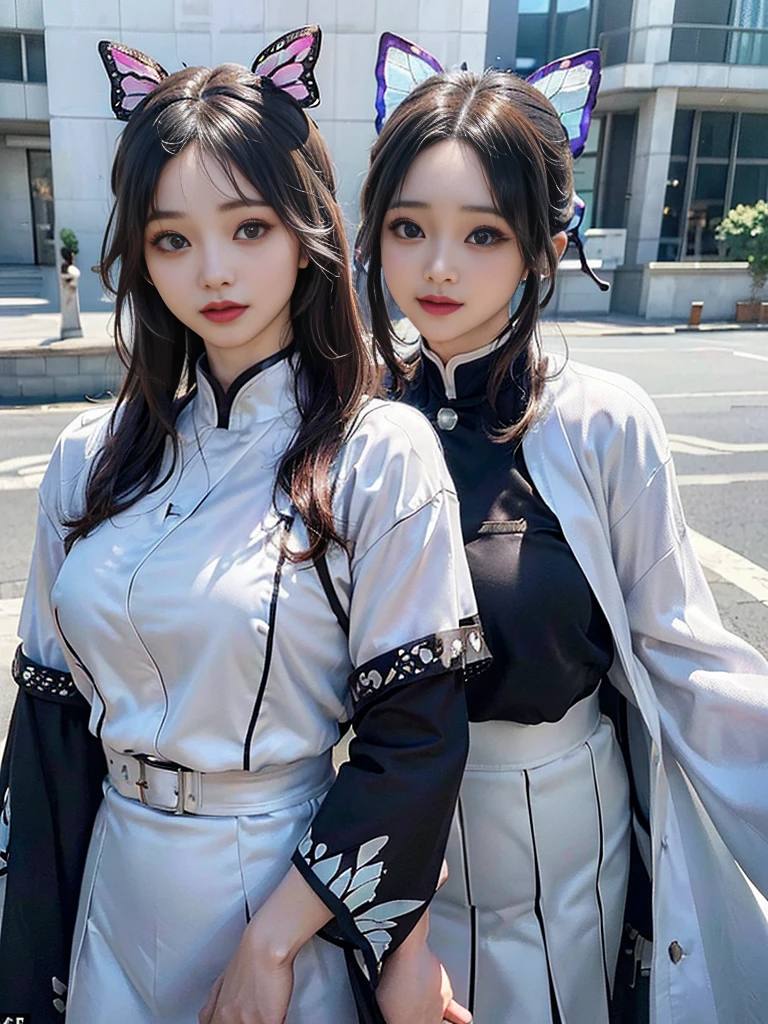 Tolerate, Demon slayer, Shinobu Kocho, anime, 22 years old, ((Butterfly themed costume, A black haori coat with a butterfly pattern, Brown full-body military uniform)), ((Tolerateコスプレ)), ((A very cute caucasian 22 years old mom cosplaying shinobu), ((Blur the background)), 1 Girl, Wide range photograph撮影, Wide range, (Mature Woman), Long and beautiful face, Clear Face, Realistic Face, True Face, Absolute reality, ((Hot body)), ((Demon slayer dress)), ((Demon slayer)), ((Tolerateドレス)), ((Cosplay Dresses)), Huge , Covered, (((Realistic))), ((Dress neatly)), waist curve pose, surface side, (8K, RAWphotograph, Highest quality, masterpiece), (Realistic, Realistic: 1.9), ((Full Body Shot)), Stylish pose, ((Highly detailed skin: 1.2)), ((Realistic: 1.9)), photograph, masterpieces, Highest quality, (Beautiful Blue Eyes, Gorgeous pale gray black curly hair, White skin, Thick body, Coarse hairs on lower abdomen, perfect slim figure), Various poses, Highly detailed face, Fine grain, Many people are looking at her with excitement., (((close))), Light of the sun, Cinematic, ((photograph撮影)), photograph