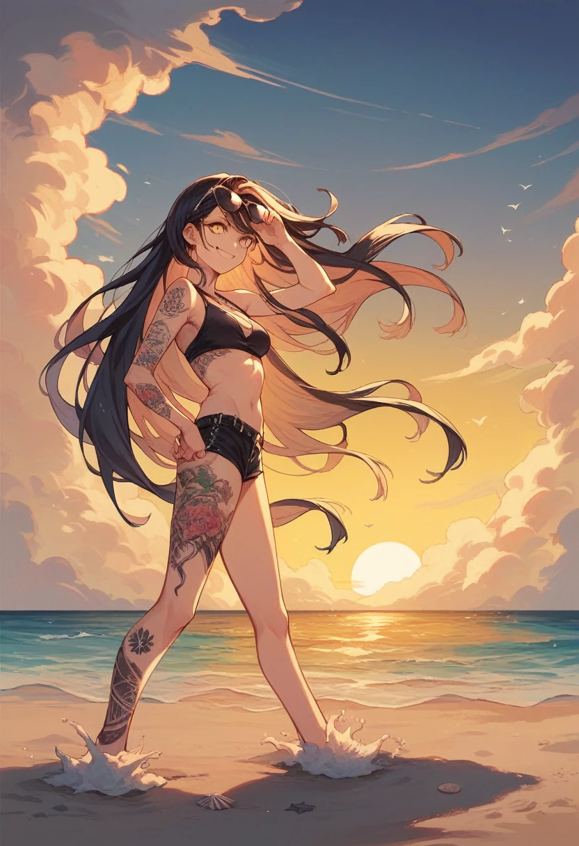 comic,anime,girl, black long hair, yellow eyes, 4k , high detaiked, masterpiece, Beach on the background with weaves, fine sand, sunrise,tattoo, wearing sunglasses, smile