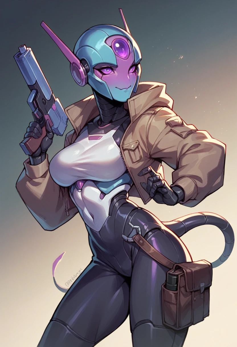 Robot woman,with alien helmet,purple eyes, holding a gun