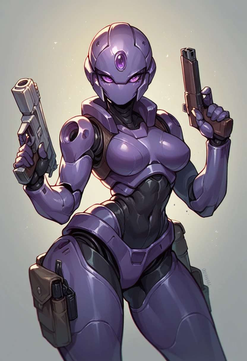 Robot woman,with alien helmet,purple eyes, holding a gun