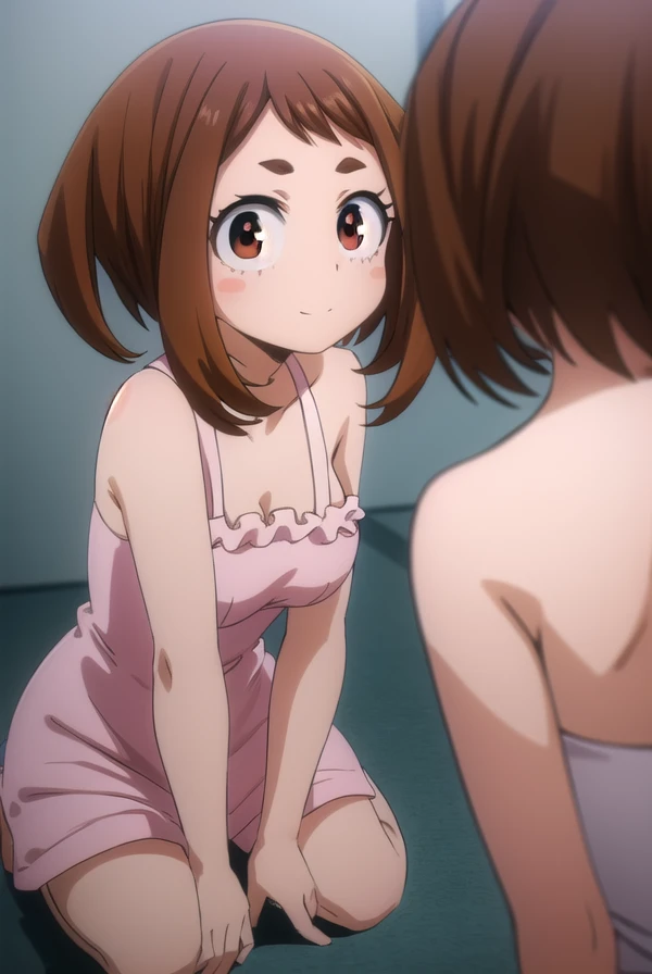 ochakouraraka, ochako uraraka, (uraraka ochako:1.5),brown eyes ,smiling girl with brown eyes and brown hair, wearing a white dress with bare shoulders, laying in a room with a tiled floor and panoramic view, looking directly at the viewer, (best quality, 4k, 8k, highres, masterpiece:1.2), ultra-detailed, (realistic, photorealistic, photo-realistic:1.37), HDR, UHD, studio lighting, ultra-fine painting, sharp focus, physically-based rendering, extreme detail description, professional, vivid colors, bokeh, (beautiful detailed eyes:1.6), extremely detailed face, perfect lighting, extremely detailed CG, (perfect hands, perfect anatomy), (illustration:0.8), (beautiful detailed lips:1.5), longeyelashes,full body