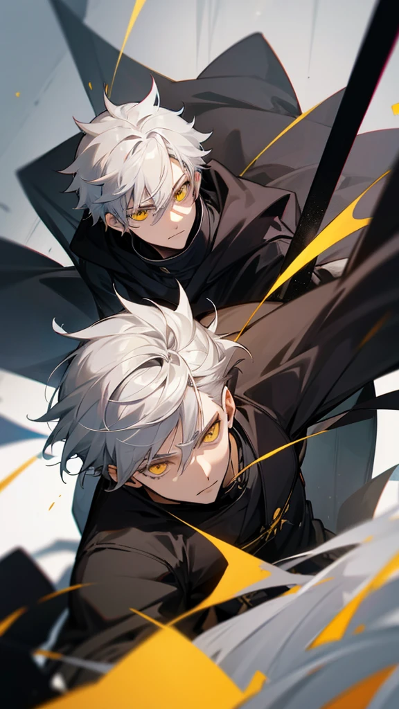 Male character with gray hair and yellow eyes and black clothes 