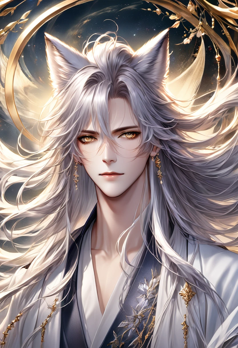  (masterpiece, 8K, Absurd, Digital Art, Digital Illustration, Realistic, Very detailed, Realistic lighting), (Perfect Face, Perfect Eyes, Perfect body), male,1 person, Adult,male的な,Person with long hair, Portrait of the Magical Silver-Haired Prince,Has fox ears、 ((Beautiful Fantasy Empress)), Beautiful androgynous prince, A delicate androgynous prince, anime key visual of elegant, Long, flowing, gorgeous silver hair, Anime Art Nouveau Space Display, Detailed Key Anime Art, Shadowverse Style, Flowing hair and long robes