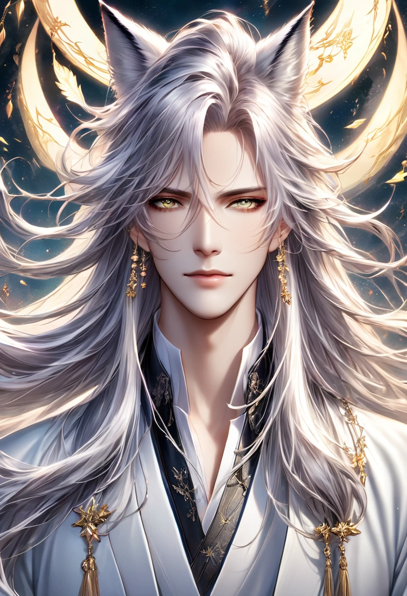 (masterpiece, 8K, Absurd, Digital Art, Digital Illustration, Realistic, Very detailed, Realistic lighting), (Perfect Face, Perfect Eyes, Perfect body), male,1 person, Adult,male的な,Person with long hair, Portrait of the Magical Silver-Haired Prince,Has fox ears、 ((Beautiful Fantasy Empress)), Beautiful androgynous prince, A delicate androgynous prince, anime key visual of elegant, Long, flowing, gorgeous silver hair, Anime Art Nouveau Space Display, Detailed Key Anime Art, Shadowverse Style, Flowing hair and long robes