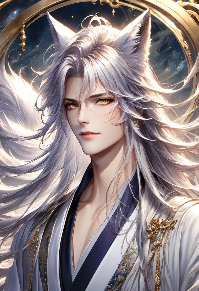  (masterpiece, 8K, Absurd, Digital Art, Digital Illustration, Realistic, Very detailed, Realistic lighting), (Perfect Face, Perfect Eyes, Perfect body), male,1 person, Adult,male的な,Person with long hair, Portrait of the Magical Silver-Haired Prince,Has fox ears、 ((Beautiful Fantasy Empress)), Beautiful androgynous prince, A delicate androgynous prince, anime key visual of elegant, Long, flowing, gorgeous silver hair, Anime Art Nouveau Space Display, Detailed Key Anime Art, Shadowverse Style, Flowing hair and long robes