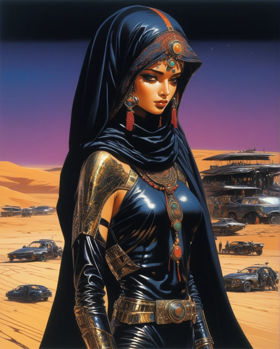 amano yoshitaka, Art style by Noriyoshi Ohrai, Hajime Sorayama, Hiroshi Nagai, (Masterpiece, Top Quality, Super Deatail, High Resolution, Best Illustration), "An exceptional Saudi Arabian Bedouin female warrior adorned in a sleek, black metallic mechanical suit, seamlessly blending traditional Bedouin elements with cutting-edge cyberpunk aesthetics. The scene is set against a backdrop of a dark, dystopian sci-fi landscape, with neon-lit deserts and futuristic cityscapes. The art style echoes the retro 1980s, capturing the essence of that era's vibrant color palette and bold design. The composition should evoke a sense of mystery and power, with intricate details highlighting the fusion of ancient Bedouin culture and advanced technology."