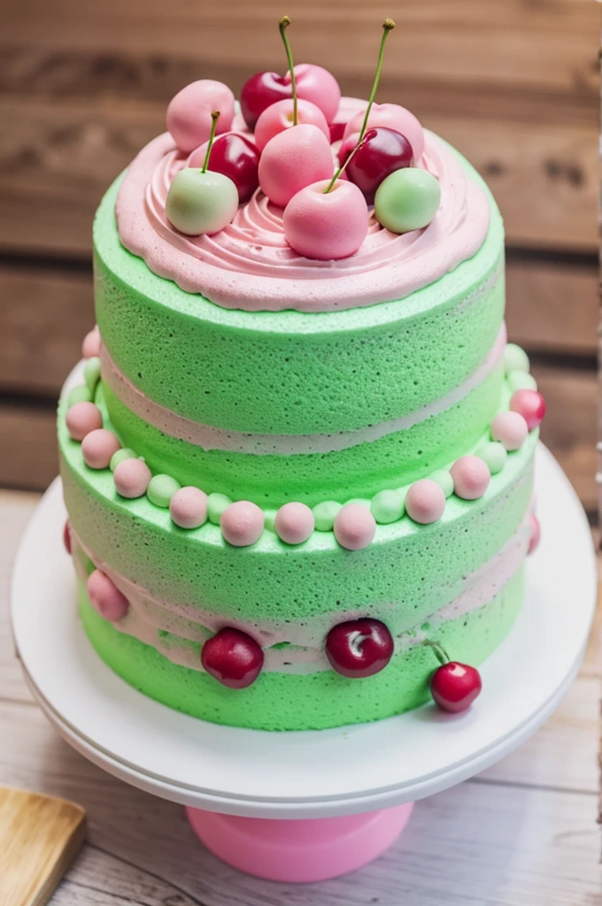 frosted pink green foam cake on top with plasticine cherries