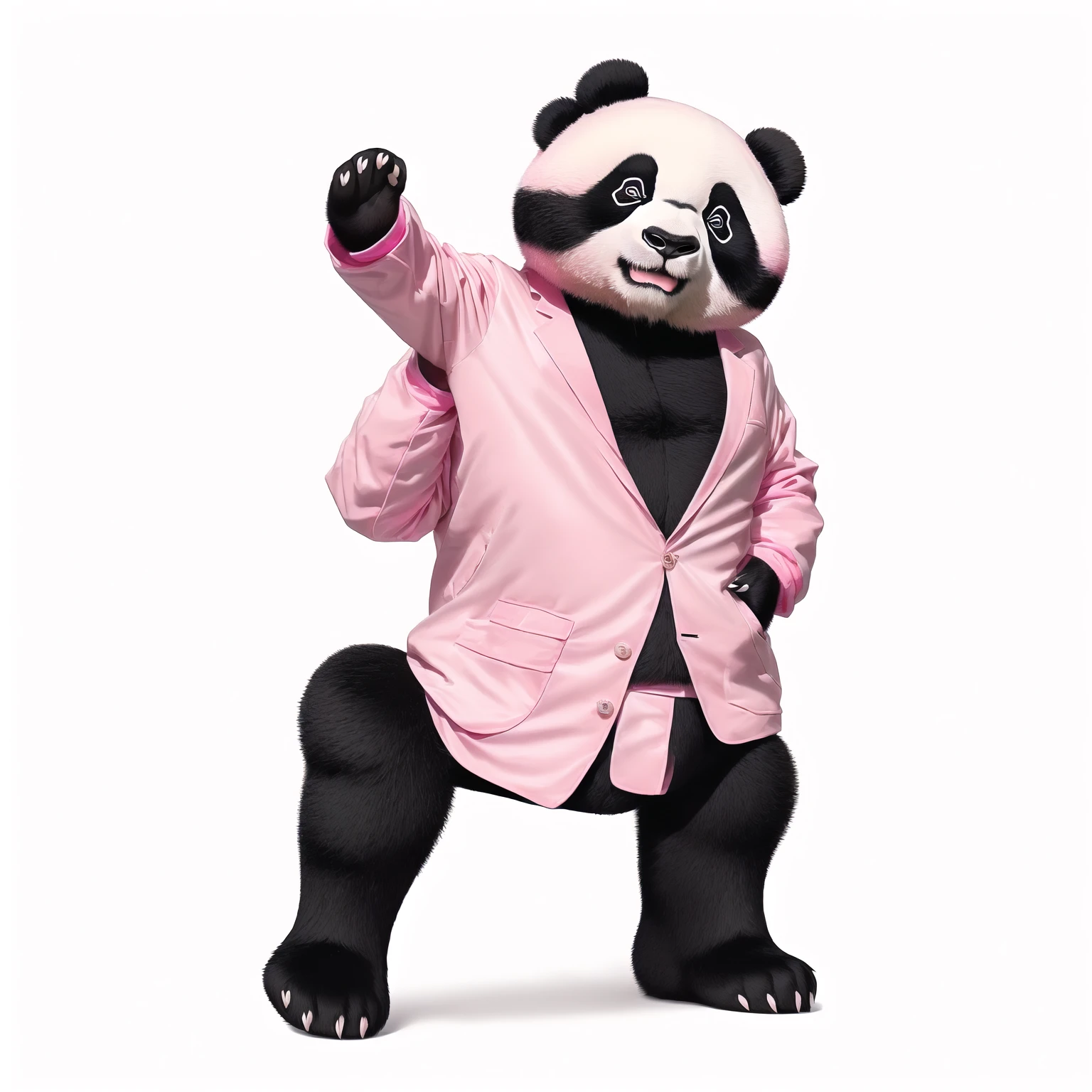 panda bear in a pink jacket and black pants with a pink jacket, panda panda panda, panda, Inspired by Zhu Da, cute panda, a cute giant panda, dancing character, He's dancing, kung fu panda, inspired by Luo Ping, No gradient, Wooden plates, pan ren wei, pat, Black person