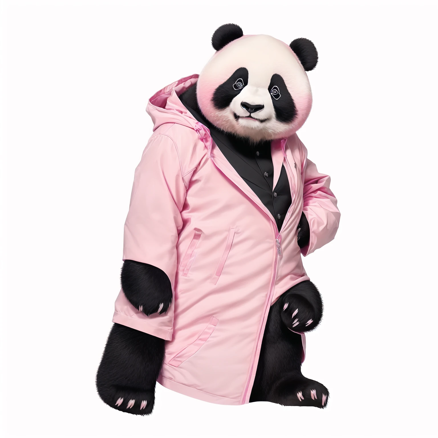 panda bear in a pink jacket and black pants with a pink jacket, panda panda panda, panda, Inspired by Zhu Da, cute panda, a cute giant panda, dancing character, He's dancing, kung fu panda, inspired by Luo Ping, No gradient, Wooden plates, pan ren wei, pat, Black person
