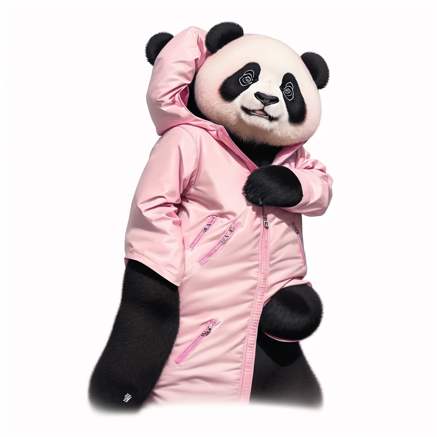 panda bear in a pink jacket and black pants with a pink jacket, panda panda panda, panda, Inspired by Zhu Da, cute panda, a cute giant panda, dancing character, He's dancing, kung fu panda, inspired by Luo Ping, No gradient, Wooden plates, pan ren wei, pat, Black person