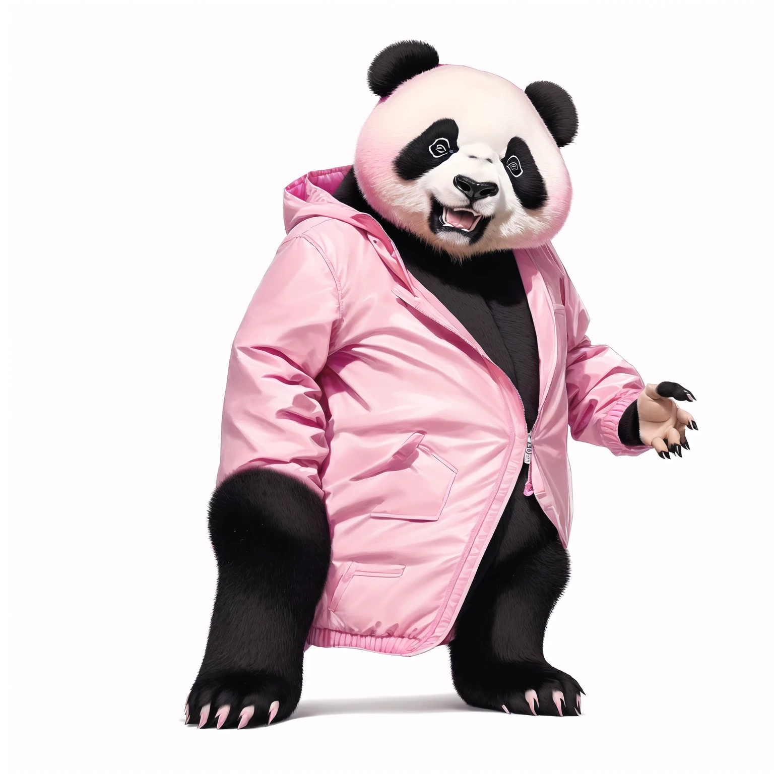 panda bear in a pink jacket and black pants with a pink jacket, panda panda panda, panda, Inspired by Zhu Da, cute panda, a cute giant panda, dancing character, He's dancing, kung fu panda, inspired by Luo Ping, No gradient, Wooden plates, pan ren wei, pat, Black person