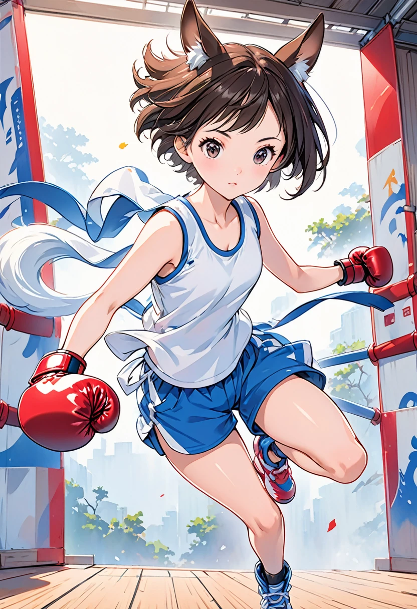 Create an illustration of a young kangaroo-human hybrid girl with a cute appearance. She wears a sporty outfit, including a tank top and shorts, and her clothing features pouches reminiscent of a kangaroo’s. The background is set in a boxing ring or a training gym, emphasizing her athletic nature, and incorporates fractal art elements with a colorful and pop aesthetic.
Her accessories include boxing gloves, showcasing her strength and athleticism. She is depicted in a dynamic pose, either mid-jump or mid-kick, highlighting her agility. Her expression is slightly worried or determined, reflecting her nervous yet lovable personality.
Additional features include soft, short hair that complements her cute and athletic look, slightly elongated ears blending human and kangaroo traits, and a tail visible behind her, perhaps slightly curled or in motion to show her alertness.