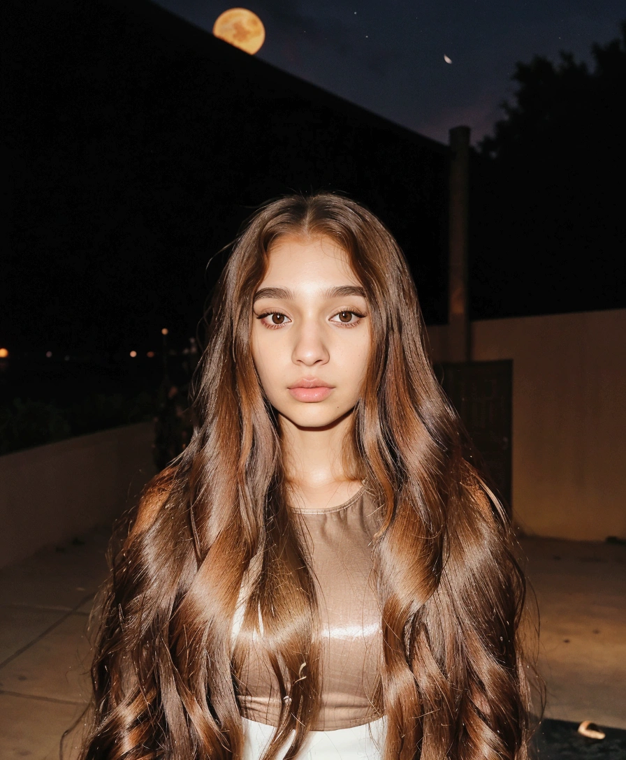 arafed woman with long hair at night, Free hair. evening, with long hair, Woman with brown hair, long and shiny hair, ☁🌪🌙👩🏾, she looks like a mix of grimes, leaked image, very very high quality image, with sunset, 18 years