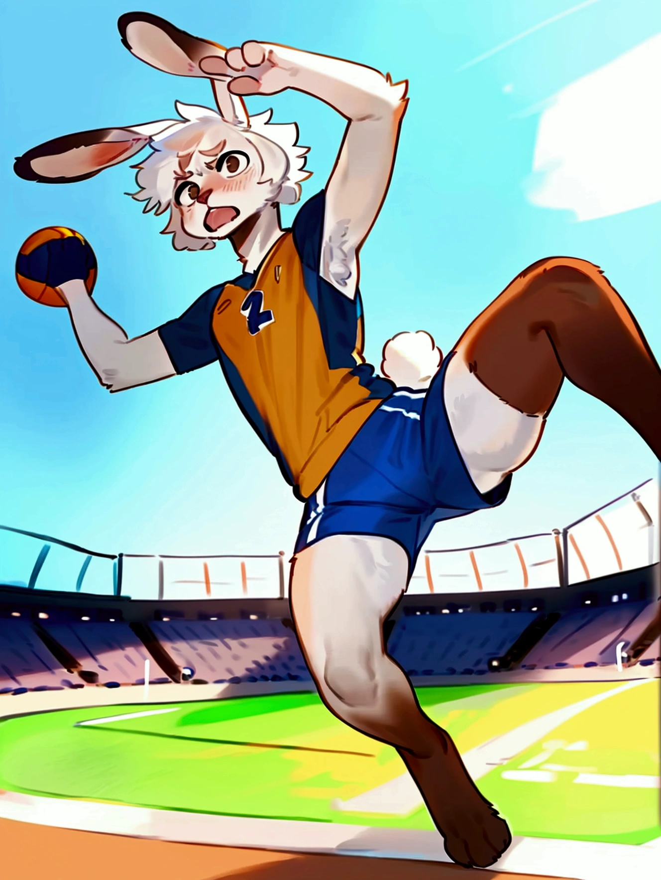 By bebebebebe, by lostgoose, by goonie-san, furry, male, bunny, frustrated, angry, small, brown eyes, fit, slim, white fur, curly white hair, jersey, shorts, volleyball, stadium background, jumping, right arm behind head, left arm pointing up, legs bent, facing camera