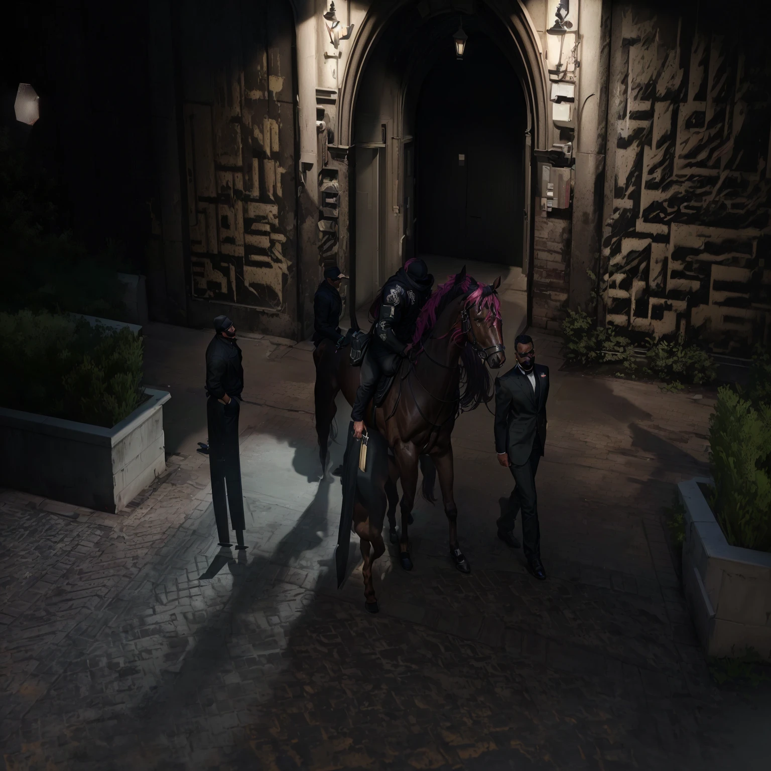 there is a man walking with a horse in front of a building, many npcs on the streets, style of gta v, gta5 style, mafia background hyper detailed, gta v style, night time raid, chillin at the club together, raytracing shadows, gta v street style, in front of a garage, gta 6 style, group of people in a dark room