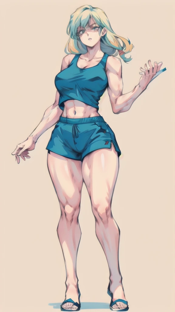 Full body image of Loud from The Loud House, full body in image, wearing her original outfit (light blue tank top, dark blue shorts), long blonde hair, female body, tall and slender body, dynamic pose, detailed pose, simple background, expressive face showing confidence, focus on face, line art, sketch