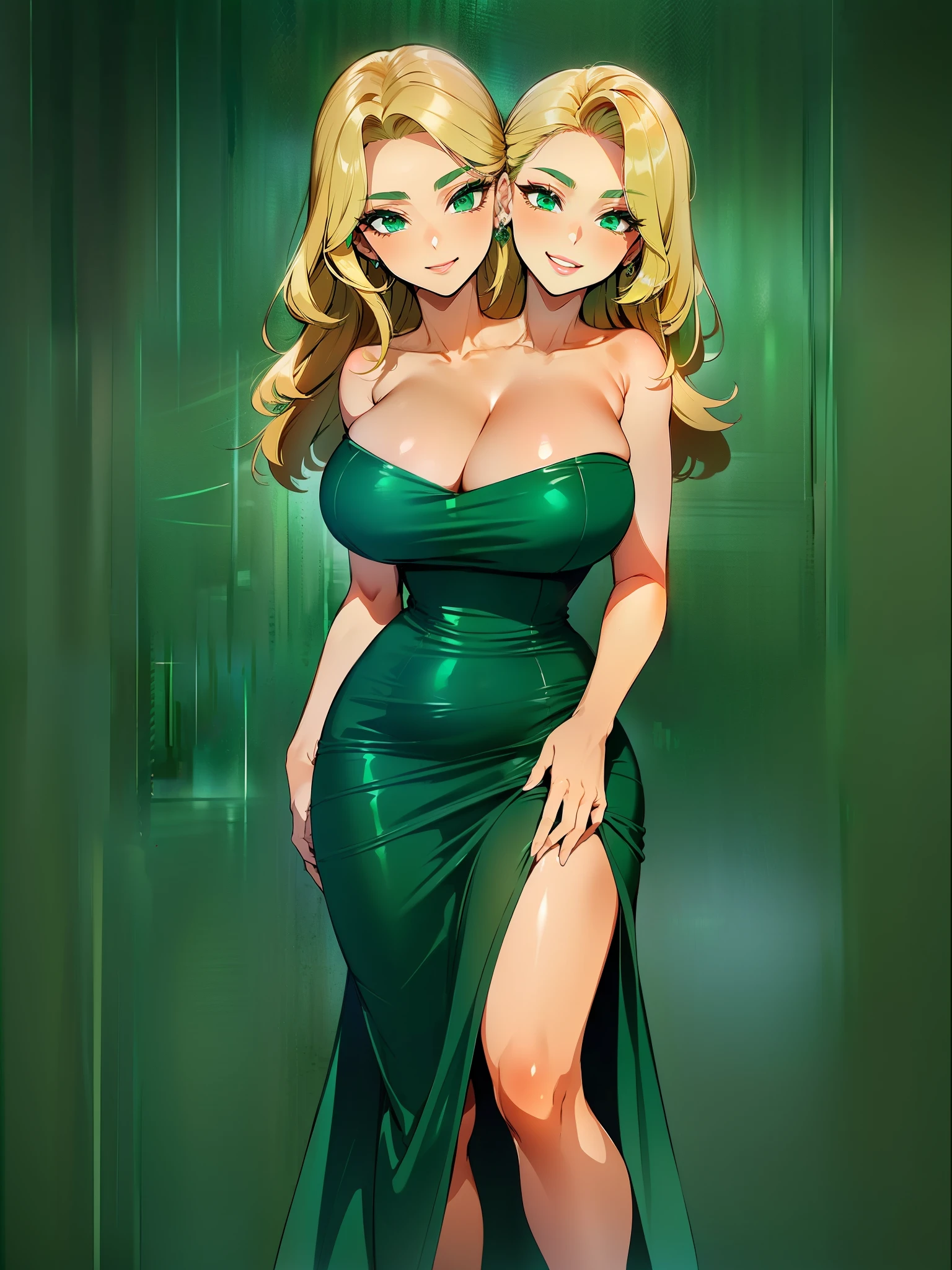 best quality, (masterpiece),(ultra-detailed), (high quality), (high resolution), ((2heads:1.5)), best quality:1.5, highres, UHD, 16K), ((two headed woman)), smiling, ((blonde hair)), ((identical hair color)), ((long hair)), cleavage, ((green dress:1.5)), lustrous and smooth skin, huge breasts, (mature woman), seductive silhouette, casual dress, sexy proportions, Beautiful girl with accentuated slender abs, long legs, ((seductive woman)), ((gala background:1.5)), ((nightclub)), body con dress, (strapless), (sleeveless), green eyes, long boots, ((detailed eye pupils))