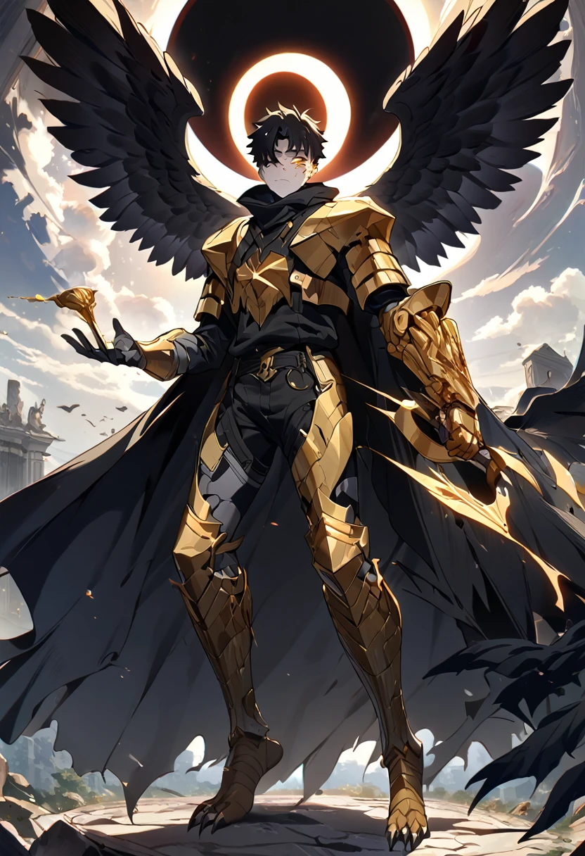 1man, adult, angel, pale skin, black hair, very short hair, white hairlocks, golden eyes, broken face, crack on the face, radiance coming from the crack, missing eye, black wings, eyed wings, bird legs, black robes, golden details, golden shoulder pads, golden prothesis in right hand, clawsprothesis, great sword on hands, eclipse, fullbody, anime style, (masterpiece), best quality
