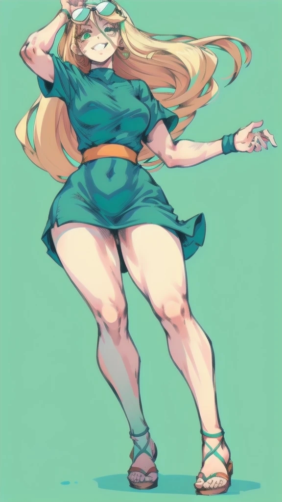 Full body image of Leni Loud from The Loud House, full body in image, wearing her original outfit (mint green dress, white sandals, and white sunglasses on head), long blonde hair, female body, tall and slender body, dynamic pose, detailed pose, simple background, expressive face showing a cheerful smile, focus on face, line art, sketch