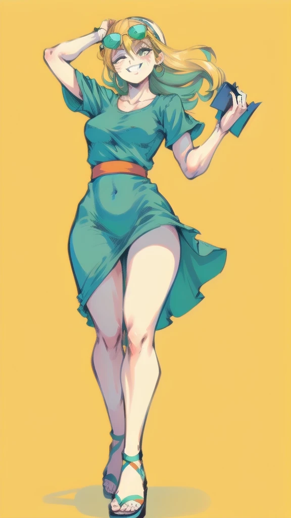 Full body image of Leni Loud from The Loud House, full body in image, wearing her original outfit (mint green dress, white sandals, and white sunglasses on head), long blonde hair, female body, tall and slender body, dynamic pose, detailed pose, simple background, expressive face showing a cheerful smile, focus on face, line art, sketch