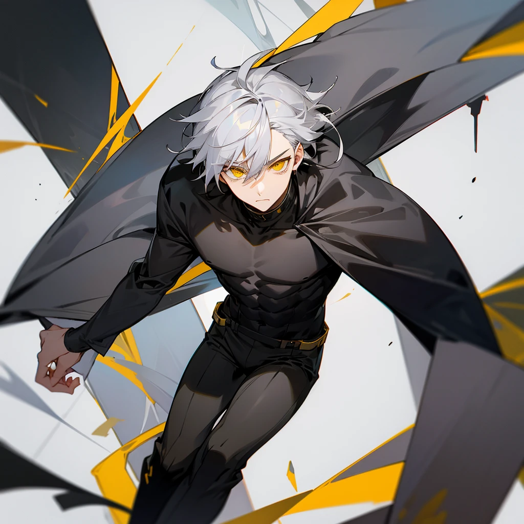 Male character with gray hair and yellow eyes and black clothes 