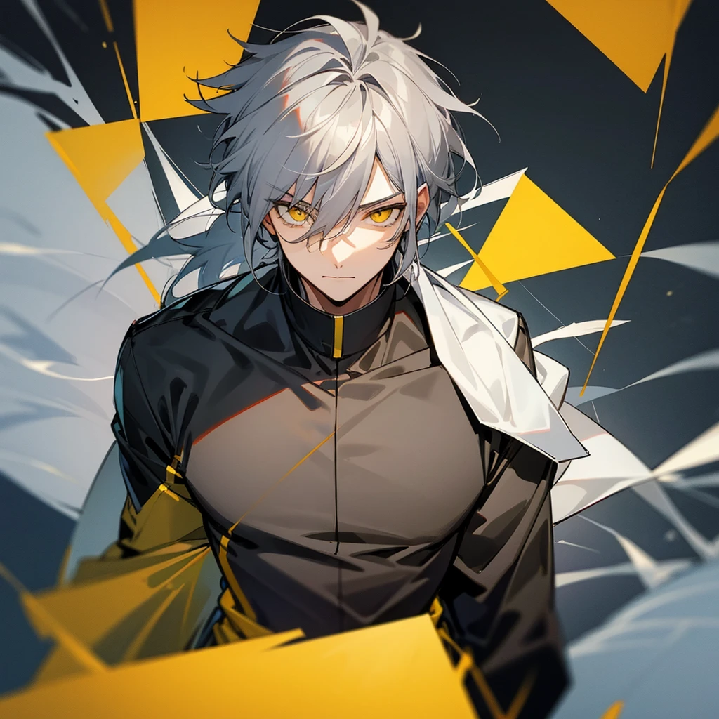 Male character with gray hair and yellow eyes and black clothes 