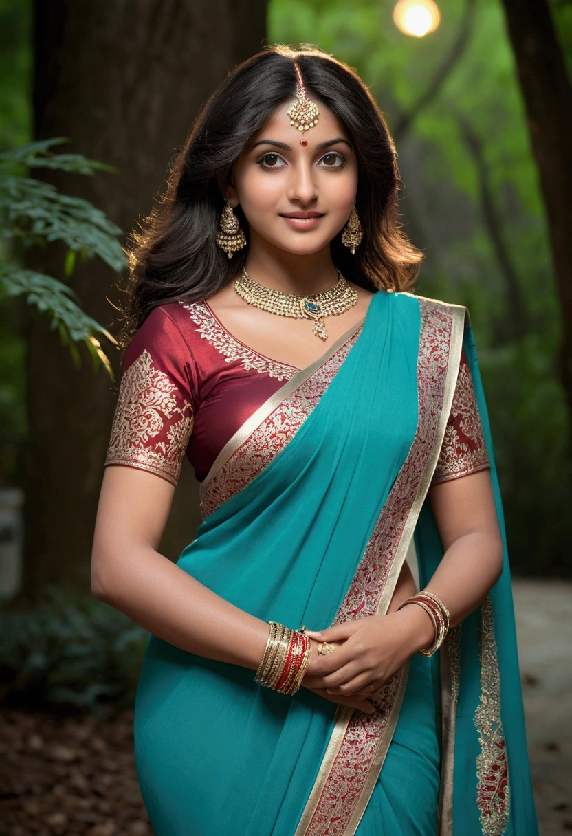 Nsfw. walking in a moonlit courtyard, forest background, mythical forest, huge trees, exotic girl, indian, vivacious, looking at the viewer, shining skin, perfect lighting, the embodiment of grace and elegance, provocative pose, smiling seductively, (saree and jewelry), Big breasts, curvy ass, clear curvy details, beautiful curves, detailed eyes, detailed pupil, long shining hair, volumetric lighting, Ultra Detailed, unity 8k wallpaper, ultra detailed, aesthetic, masterpiece, best quality, photorealistic