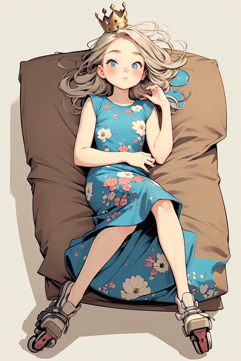 (work of art, best qualityer, ultra detali), 1 girl,adolescent, greeneyes, two tone hair, (hair blonde), blue tips, silver crown, light blue floral print dress, rollerskates,lying on her bed