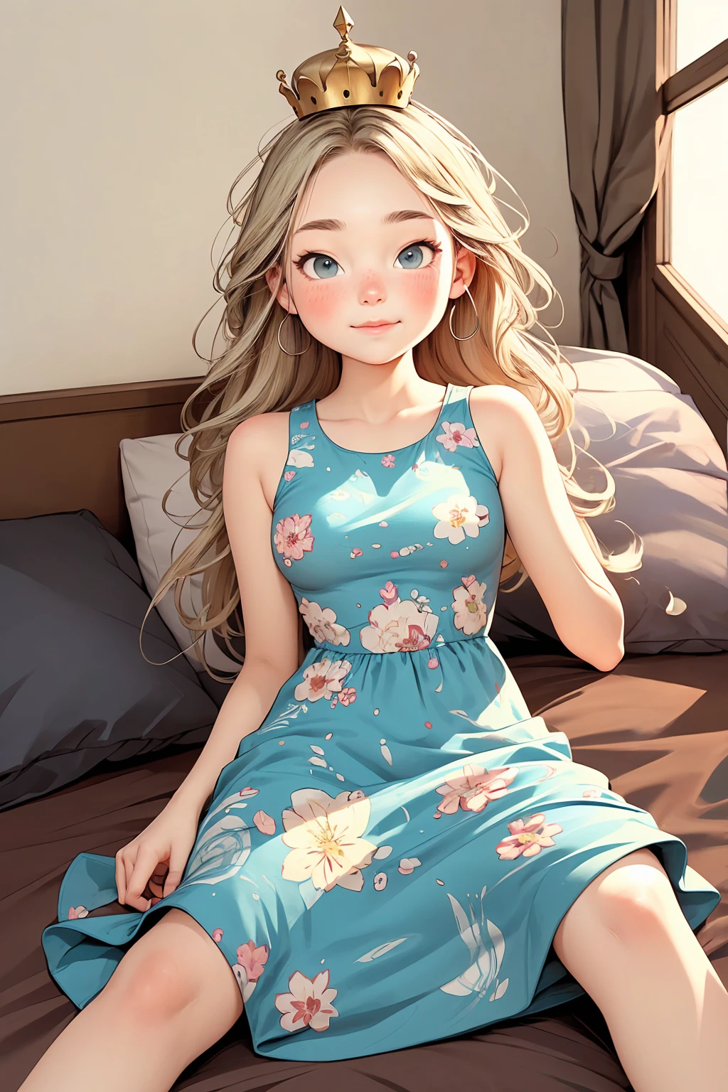 work of art, best qualityer, ultra detali), 1 girl, teenager 18 years old, greeneyes, two tone hair, (hair blonde), blue tips, silver crown, light blue floral print dress, wearing rollerblades, lying on her bed