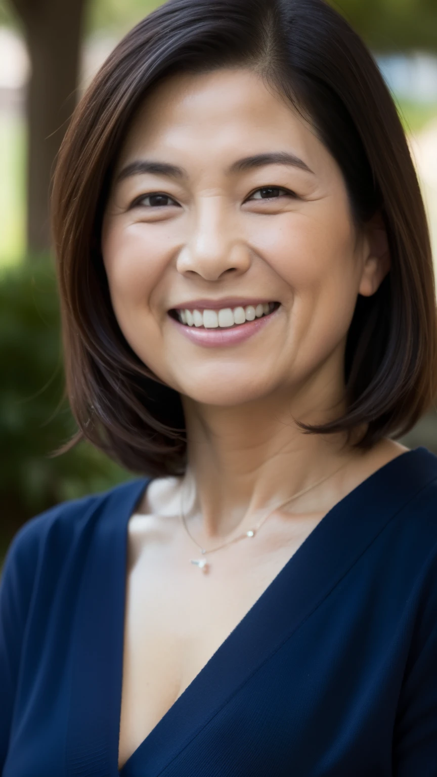 最high quality, In 8K, Masseter region, Genuine, Sharp focus, high quality, High resolution, Detailed face, fine grain, Thick lips, Background Blur, alone, Middle-aged women, , 65 years old, , Wavy Hair, Cleavage, Wearing a plain short-sleeved knit, sitting on a park bench, Wrinkles around the eyes, Smiling with teeth showing