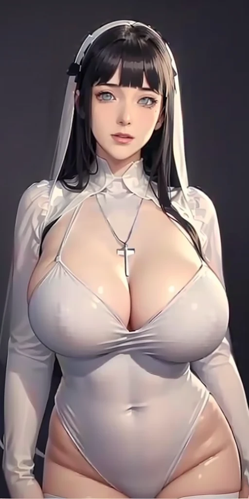 (((Perfect body,White and tender skin,((((nun),cross,necklace,cross necklace,Veil,white romper,white_thighhighs,black dress,))),(((hyuugahin,hyuugahin,hinata\(boruto\),hyuugahin, "black long hair", blue eyes,blunt bangs))),((masterpiece)),high resolution, ((Best quality at best)),masterpiece,quality,Best quality,((( Exquisite facial features,Looking at the audience,There is light in the eyes,blush,Happy,lol))),))),(((Light and shadow,Huge ))),(((Looking at the camera,black background,)))),