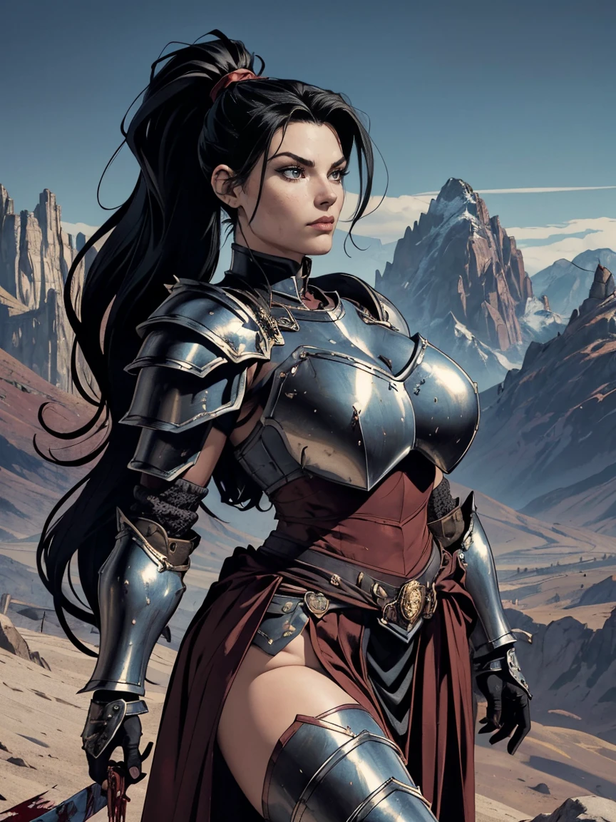 (masterpiece, top quality, best quality, official art, beautiful and aesthetic:1.2), (1girl:1.3), ((Sharp facial features, sharp features, hawkish features)), ((big hair, long black hair, ponytail)), big tiddy chaos warrior girl, extremely detailed, portrait, looking at viewer, solo, (full body:0.6), detailed background, full-body shot, (hot desert mountain theme:1.1), chaos warrior, (spiky helmet), charlatan, smirk, mysterious, swaying in mountains, armor, red metal, brass trim, long boots, dual axes, blood red fabric, pelvic curtain, loincloth, black leather, ((((armor, heavy armor, blood, armored, gigantic breasts, long legs, pelvic curtain, toned, muscular)))), cute belly button, toned tummy, slim waist, slim hips, long legs, medieval (mountain exterior:1.1) background, dark mysterious lighting, shadows, magical atmosphere, dutch angle