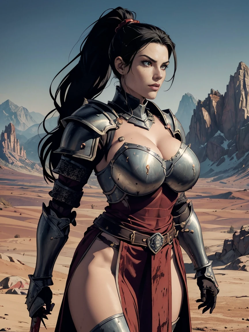 (masterpiece, top quality, best quality, official art, beautiful and aesthetic:1.2), (1girl:1.3), ((Sharp facial features, sharp features, hawkish features)), ((big hair, long black hair, ponytail)), big tiddy chaos warrior girl, extremely detailed, portrait, looking at viewer, solo, (full body:0.6), detailed background, full-body shot, (hot desert mountain theme:1.1), chaos warrior, (spiky helmet), charlatan, smirk, mysterious, swaying in mountains, armor, red metal, brass trim, long boots, dual axes, blood red fabric, pelvic curtain, loincloth, black leather, ((((armor, heavy armor, blood, armored, gigantic breasts, long legs, pelvic curtain, toned, muscular)))), cute belly button, toned tummy, slim waist, slim hips, long legs, medieval (mountain exterior:1.1) background, dark mysterious lighting, shadows, magical atmosphere, dutch angle