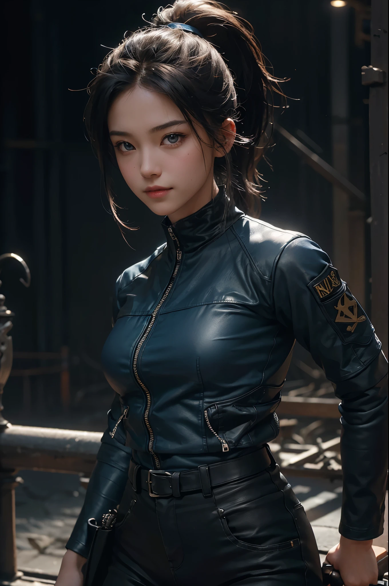 8K,younger sister,so beautiful(Like the real thing),Toned, muscular body,sexy,clear narrow eyes,black eye,Cool smile,Blue combat jacket,Black Shirt,Black combat pants,short,Compensate,Ultra-Realistic Skin,compensate,masterpiece,Photorealistic RAW photos of the highest quality。Bright colors,Rich colors, Backlight, Cinema Lighting, Film Grain, 50mm lens, Nikon D850,Detailed character art,Fantasy art,Ultra-high resolution,Ultra-Realistic Skin,Perfect hand shape,In front of the abandoned temple,Beautiful expression,close,Very small breasts,Muscular Beauty,Dynamic fighting pose,ponytail,