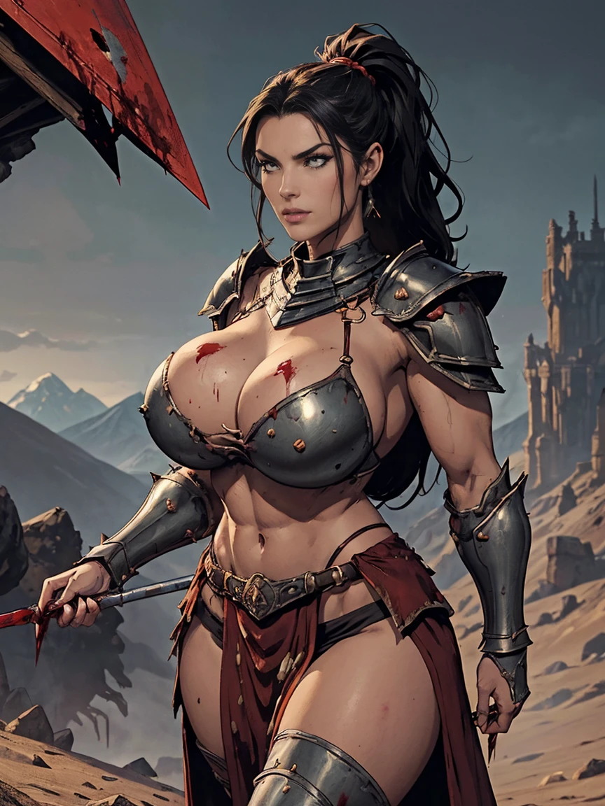 (masterpiece, top quality, best quality, official art, beautiful and aesthetic:1.2), (1girl:1.3), ((Sharp facial features, sharp features, hawkish features)), ((pale skin, orange eyes, big hair, long black hair, ponytail)), big tiddy chaos warrior girl, extremely detailed, portrait, looking at viewer, solo, (full body:0.6), detailed background, full-body shot, (hot desert mountain theme:1.1), chaos warrior, (spiky helmet), charlatan, smirk, mysterious, swaying in mountains, armor, red metal, brass trim, long boots, blood red fabric, pelvic curtain, loincloth, black leather, ((((spear, heavy armor, blood, blood splatter, armored, gigantic breasts, long legs, pelvic curtain, toned, muscular)))), cute belly button, toned tummy, slim waist, slim hips, long legs, medieval (mountain exterior:1.1) background, dark mysterious lighting, shadows, magical atmosphere, dutch angle