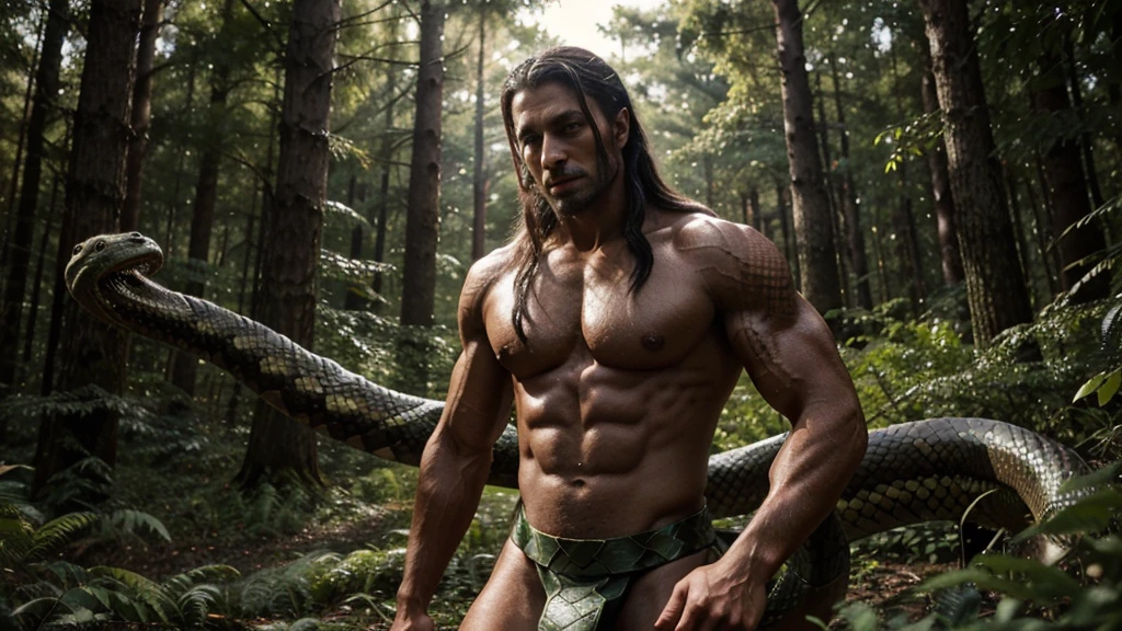 a grotesque fusion of man and snake. Its upper body was humanoid, with sinewy muscles and pale, scaly skin. But from the waist down, it was all snake, giant snake man standing in the forest, snake man, hybrid snake man, king of snakes, dark king of snakes, In a forest, realistic coiled snakes, man with a snake face, mythology, giant snake, male forest genius of the forest ;dark-skinned love, hybrid human snake, snake body,