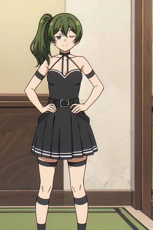 ((Bestquality))),((Ultra-detailed)),((illustration)),((Disheveledhair)),((frilld)),(1girl),(Solo), 1girl,hand_on_hip,solo,rating:safe,black_footwear,breasts,cleavage,clothes_pull,clothing,dress,dress_lift,dress_pull,eyepatch,female,female_only,flower,long_hair,looking_at_viewer,makaria,motion_blur,one_eye_closed,red_dress,skirt,skirt_lift,skirt_pull,small_breasts,smile,standing,weapon,whip,wink, purple eyes,green hair,Right side ponytail,