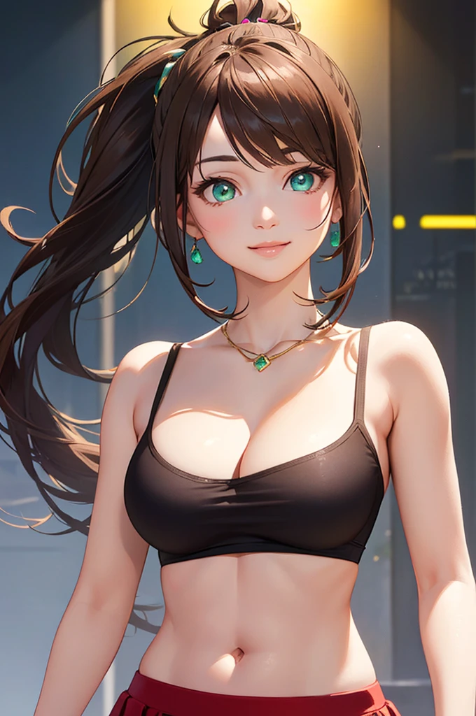 baby face, (short brown fluorescence hair:1.5,ponytail hair:1.5), (photorealistic:1.8), (masterpiece, sidelights, exquisite beautiful eyes: 1.5), masterpiece*portrait, realistic, 3D face,(cute face),front view: 1.6、 (glowing green eyes:1.2),plump face:1.5,(tareme:1.5)、(seductive smile:1.2),Rosy Mouth,Slim Body,abs, shiny hair, visible belly, shiny skin: 1.5、medium breasts,cleavage、solo,,(stand)、(black tank-top and red skirt)、(charactor focus:1.5、portlate、upper body),stage,