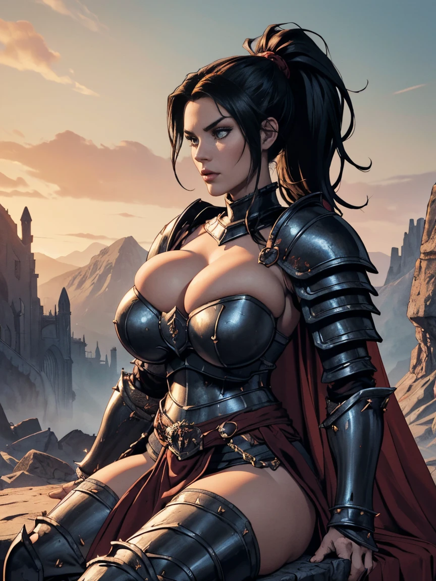 (masterpiece, top quality, best quality, official art, beautiful and aesthetic:1.2), (1girl:1.3), ((Sharp facial features, sharp features, hawkish features)), ((big hair, long black hair, ponytail)), big tiddy chaos warrior girl, extremely detailed, portrait, looking at viewer, solo, (full body:0.6), detailed background, full-body shot, (hot desert mountain theme:1.1), chaos warrior, (spiky helmet), charlatan, smirk, mysterious, swaying in mountains, armor, red metal, brass trim, long boots, dual axes, blood red fabric, pelvic curtain, loincloth, black leather, ((((armor, heavy armor, blood, armored, gigantic breasts, long legs, pelvic curtain, toned, muscular)))), cute belly button, toned tummy, slim waist, slim hips, long legs, medieval (mountain exterior:1.1) background, dark mysterious lighting, shadows, magical atmosphere, dutch angle