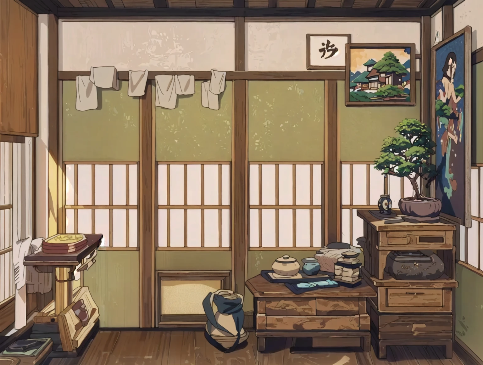 There is a room，There are a lot of furniture and a window inside, Personal room background, Inspired by Yoshida Toshi, room of the nameless painter, Japanese Houses, Studio Ghibli bedroom, Inspired by Watanabe Shotasu, Anime Background Art, Studio Ghibli Aesthetics, Japanese influence, Warm home background, Detailed scenery —width 672