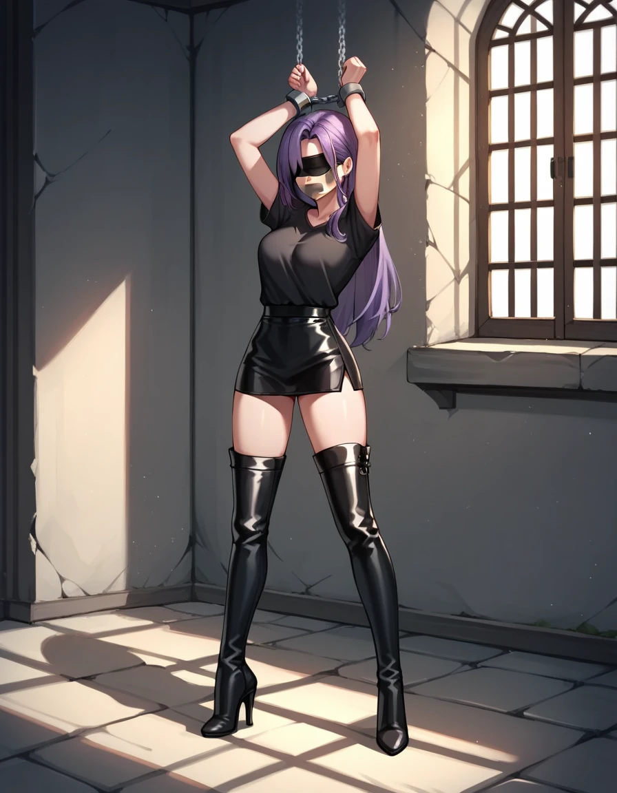 score_9, score_8_up, score_7_up, score_6_up, score_5_up, score_4_up, source_anime, 1 woman, worth, full body, purple hair, long hair, blindfold, tape your mouth shut, w-w-chain, shackles, raise arms, clean hair, black shirt, short, leather boots, thigh high boots, heels, cell, dungeon, best quality, best res, 4K UHD,