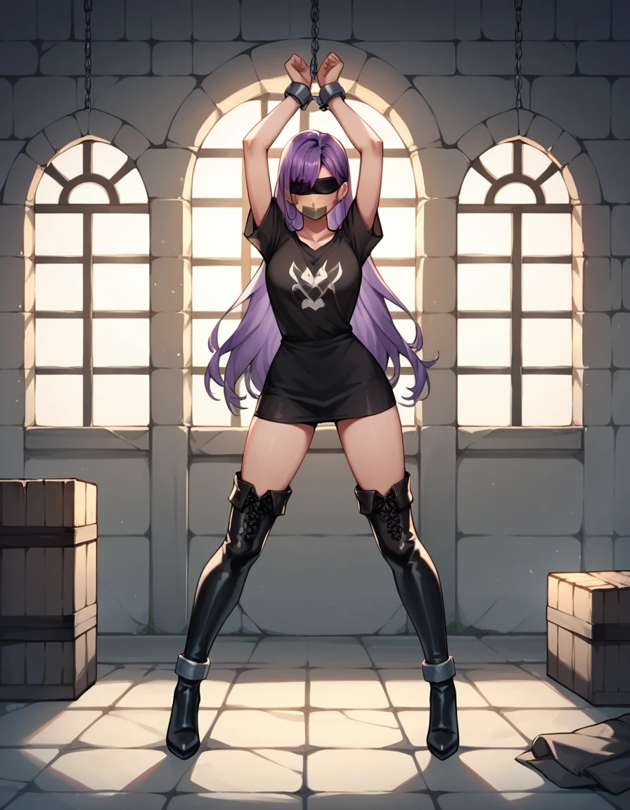 score_9, score_8_up, score_7_up, score_6_up, score_5_up, score_4_up, source_anime, 1 woman, worth, full body, purple hair, long hair, blindfold, tape your mouth shut, w-w-chain, shackles, raise arms, clean hair, black shirt, short, leather boots, thigh high boots, heels, cell, dungeon, best quality, best res, 4K UHD,
 