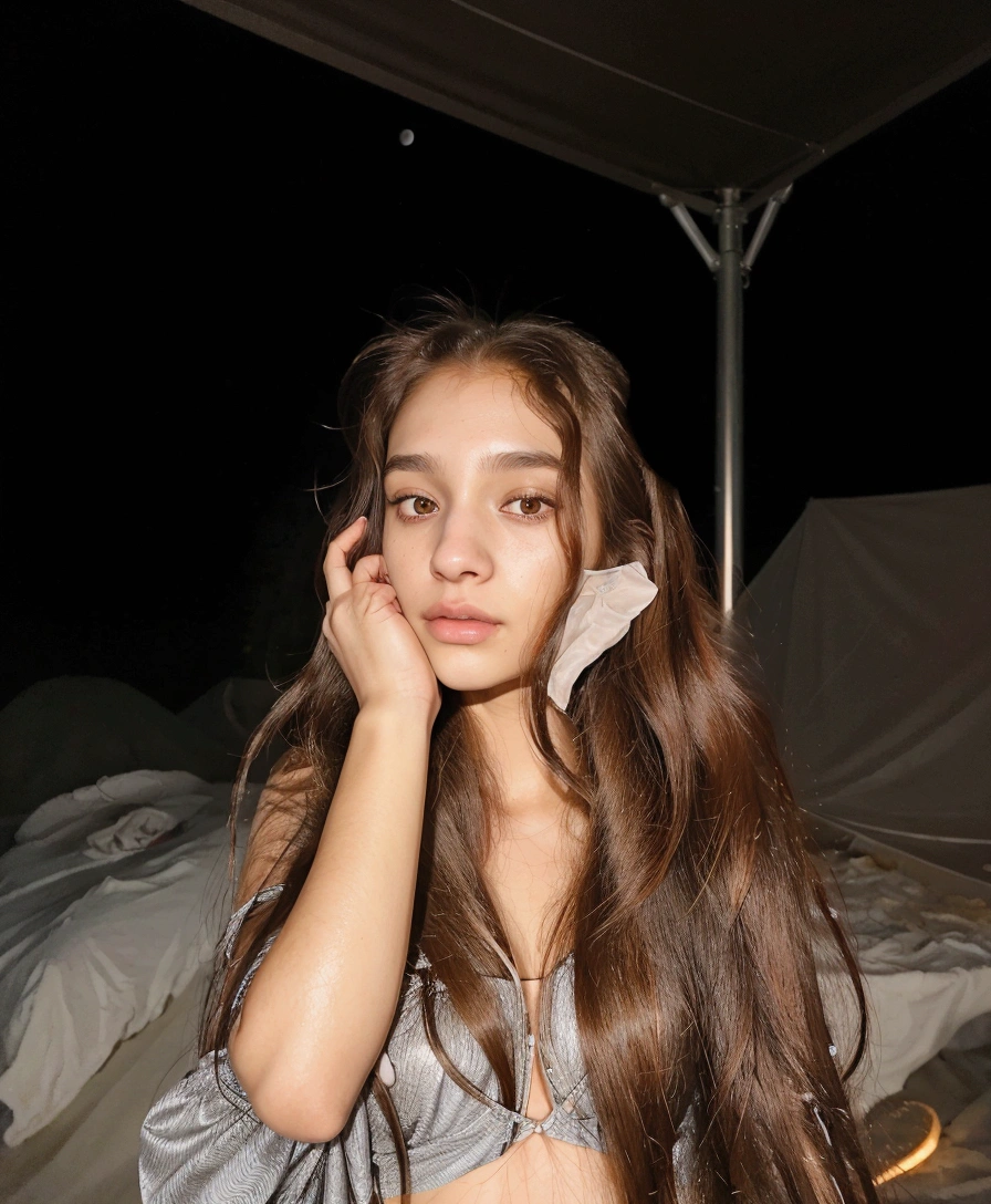 arafed woman with long hair at night, Free hair. evening, with long hair, Woman with brown hair, long and shiny hair, ☁🌪🌙👩🏾, she looks like a mix of grimes, leaked image, very very high quality image, with sunset, 18 years