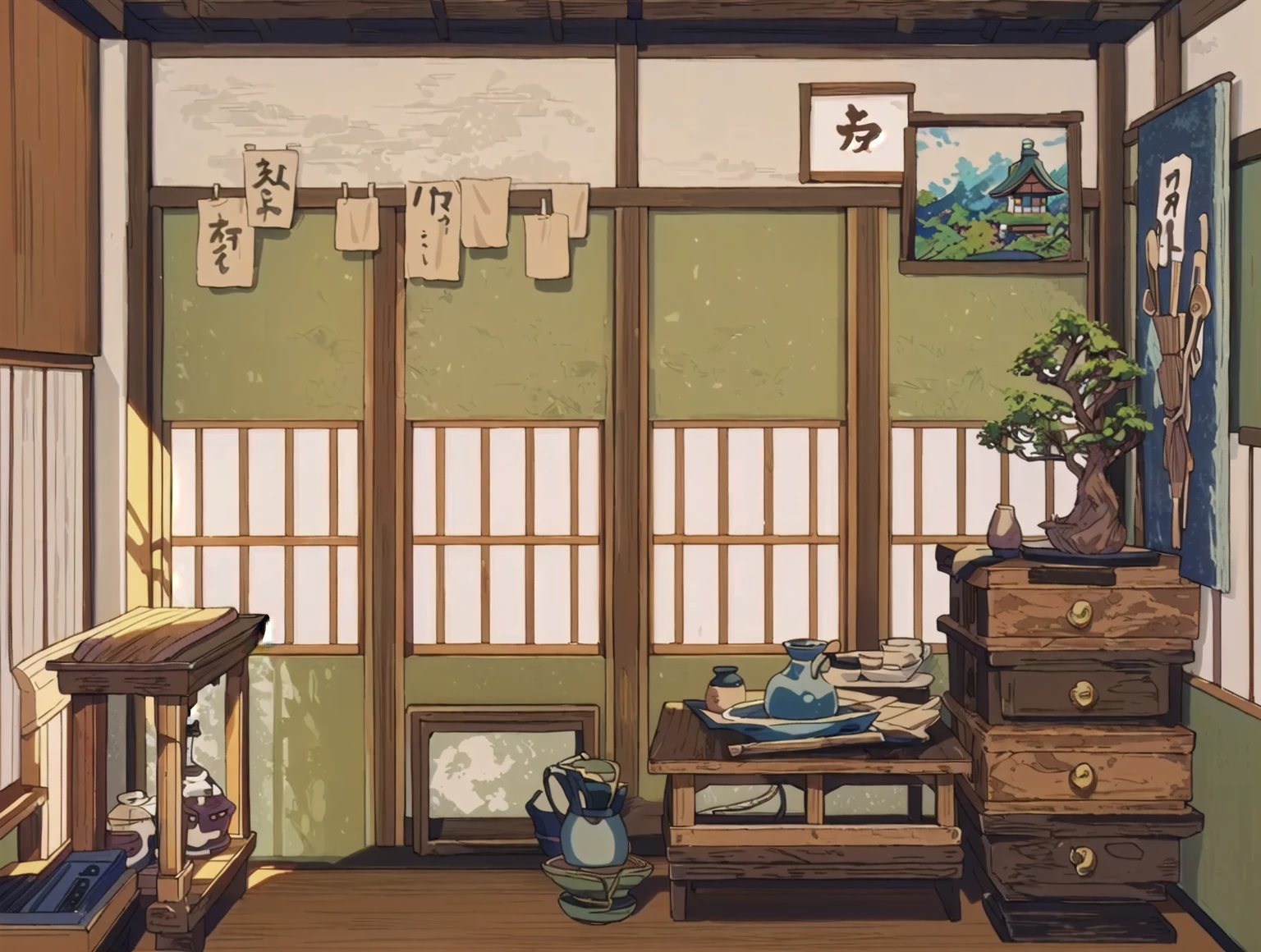 There is a room,There are a lot of furniture and a window inside, Personal room background, Inspired by Yoshida Toshi, room of the nameless painter, Japanese Houses, Studio Ghibli bedroom, Inspired by Watanabe su, Anime Background Art, Studio Ghibli Aesthetics, Japanese influence, Warm home background, Detailed scenery —width 672