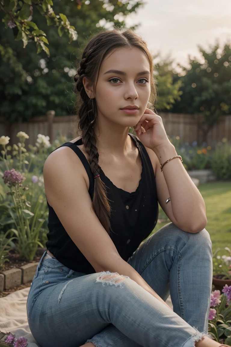 a young woman, in a black top, full body , beautiful detailed eyes, beautiful detailed lips, wears long, Wears light brown tight jeans with holes in the jeans, her hair is braided, it is evening, is in the garden with flowers, her hair is tied together, close up of face
