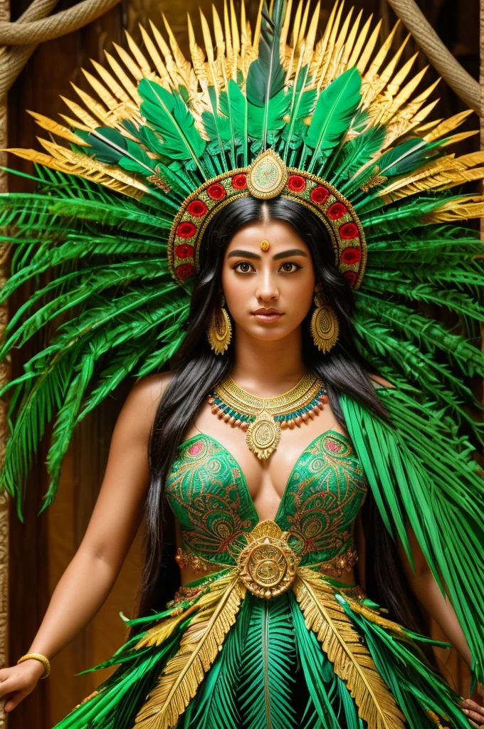 Realistic concept art of Aztec Goddess, most beautiful and Ethereal Beauty, a powerful aztec goddess in a vibrant jungle, ancient gold and jade artifacts, ceremonial costumes, intricate facial patterns, sacred temples, mystical aura, extravagant feather headdress, intense gaze, intricate carvings, lush green foliage, dramatic lighting, vibrant colors