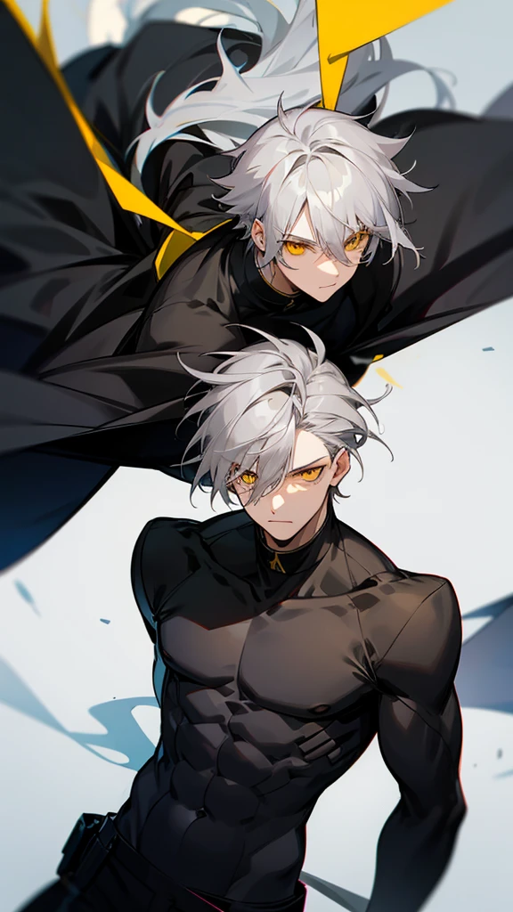 Male character with gray hair and yellow eyes and black clothes 