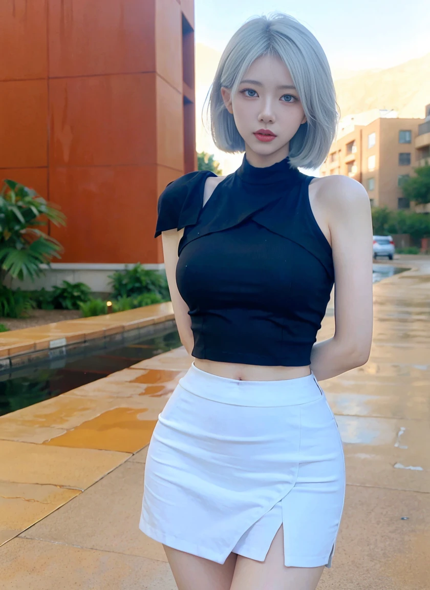 Beautiful woman with perfect figure:1.4，Desert Background，Desert Background，Ultra-high resolution，Seductive laughter，wear glasses，（lifelike：1.4），Layered Hairstyle，White skin，Super short pleated skirt，whole body，Very delicate face and skin texture，Double eyelids，Skin Whitening，Long hair，White hair，White，