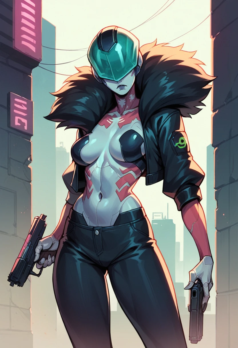 robot gothic woman,with alien helmet, holding a gun,serious look, city cyberpunk